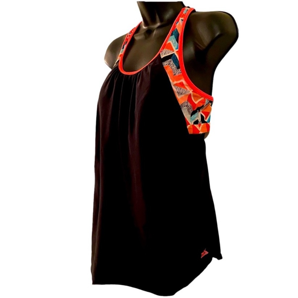 ZeroXPosur Layered Look Swim Top - Black Cover over Orange Geometric Bikini Top